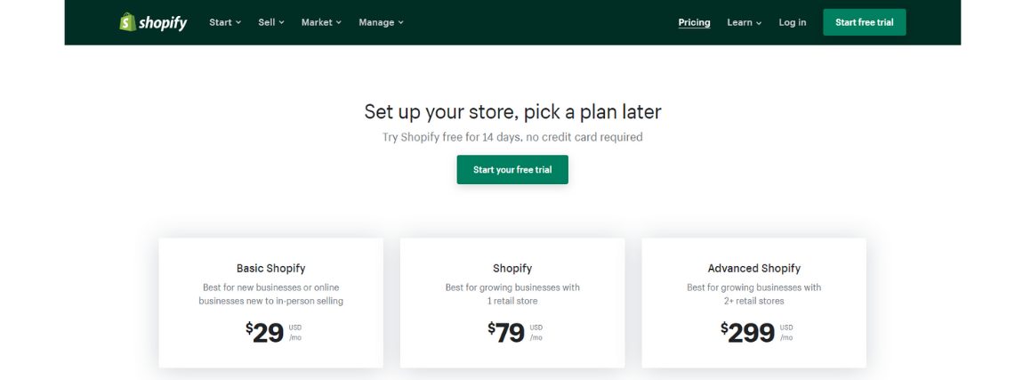 Shopify csomagok és havidíjak